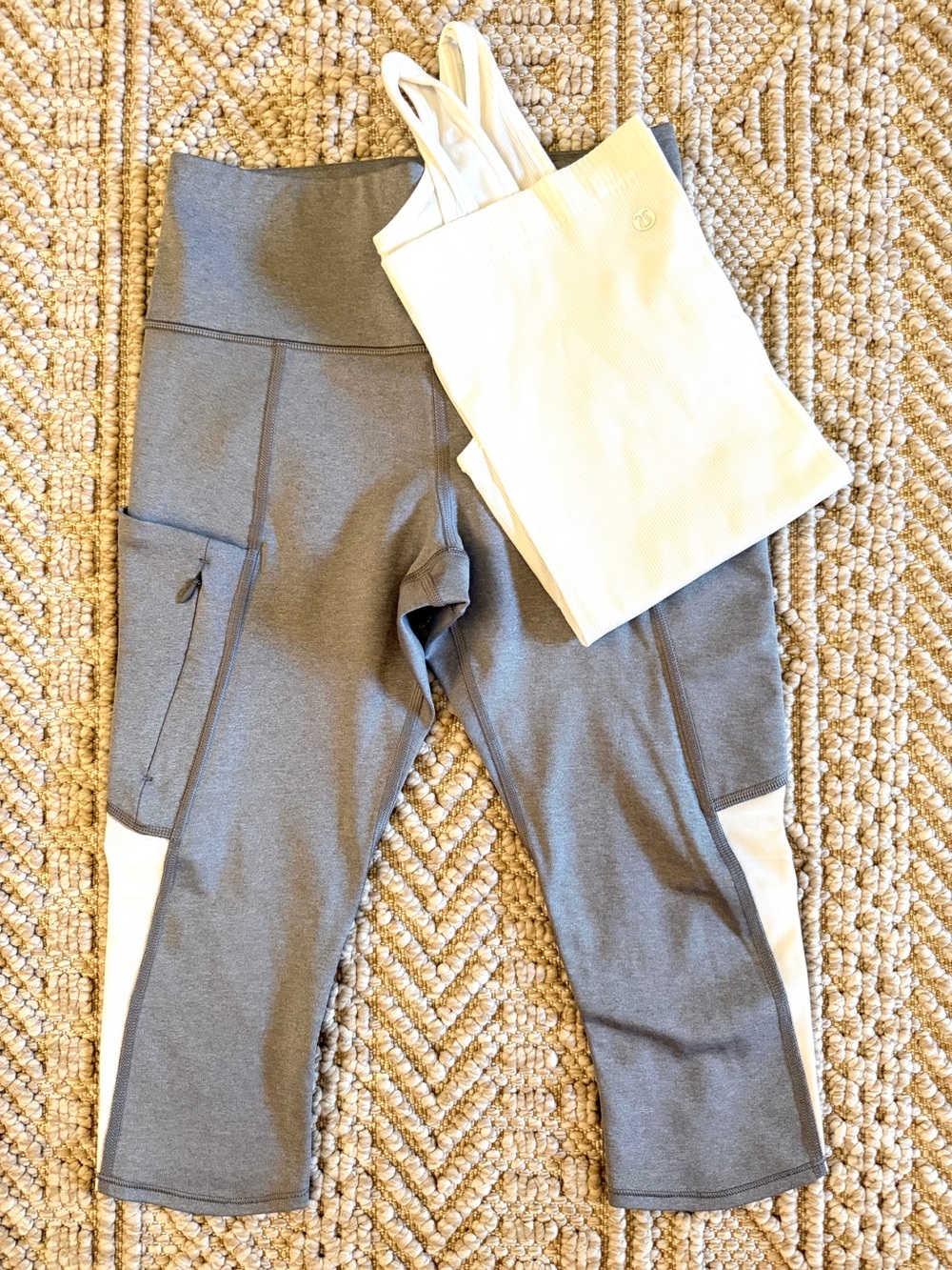 Athleta Gray Cropped Leggings with side pockets & lululemon white ribbed tank